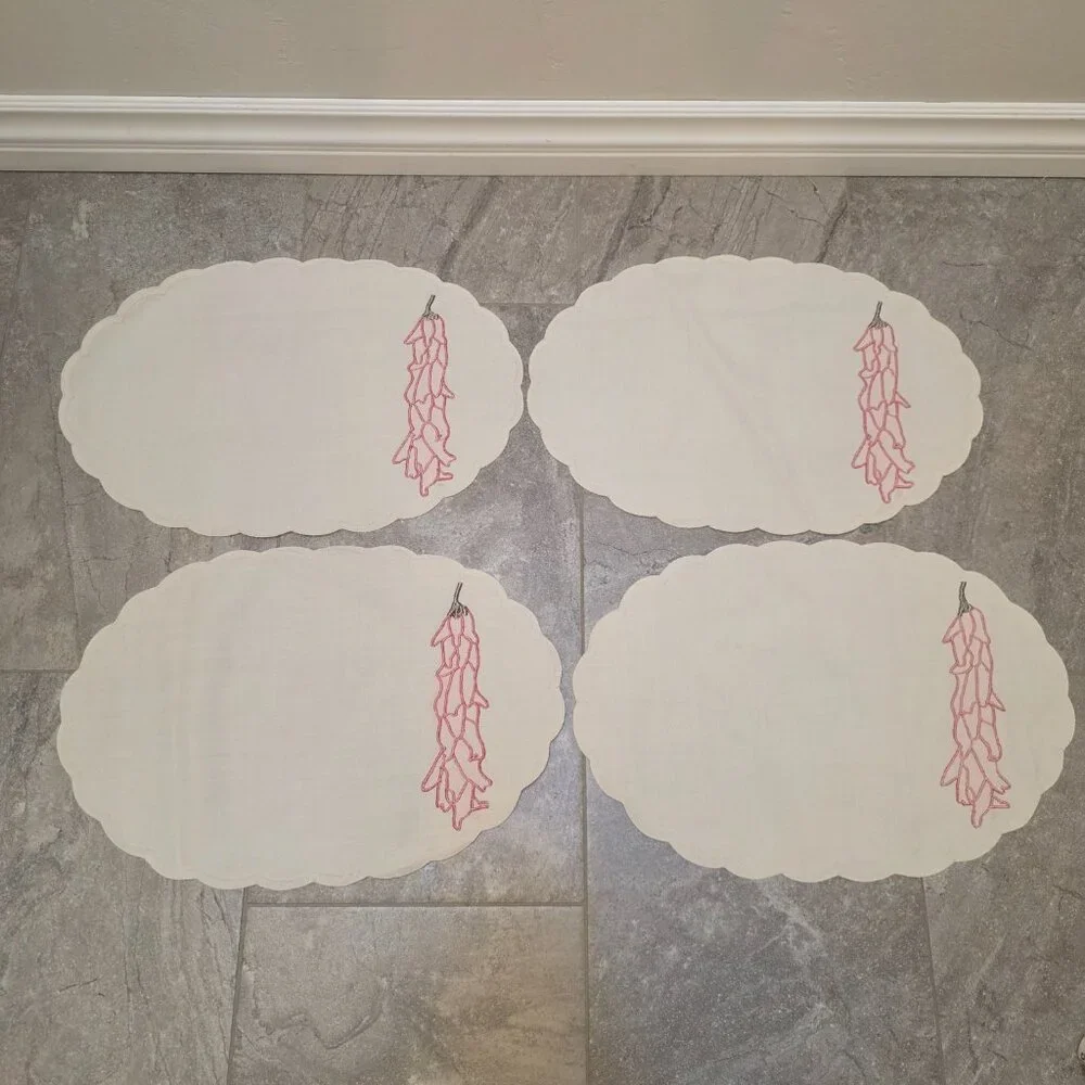 Vintage Placemats 3D red chillis Hand Embroidered set 4